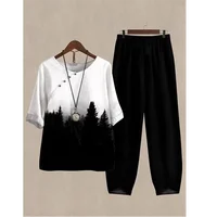 Summer 2 Piece Set Women Loose Short Sleeve Shirt Top High Waist Pants Flower Print Outfits Ladies Elegant Vintage Suit Fall - Image 5