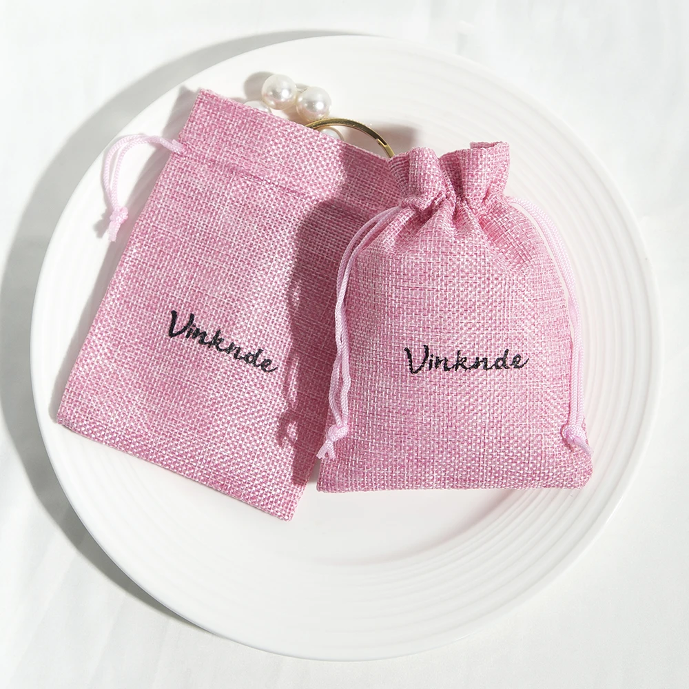 Pink Personalized Logo Burlap Gift Drawstring Bag Reusable Small Jewelry Packaging Natural Linen Jute Wedding Favor Gift Pouches