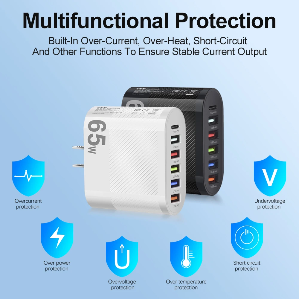 PD 65W Charger USB Type C 6 Ports Fast Charging Charger QC3.0 Power Adapter For iPhone15 14 Samsung S23 S22 Xiaomi Quick Charge