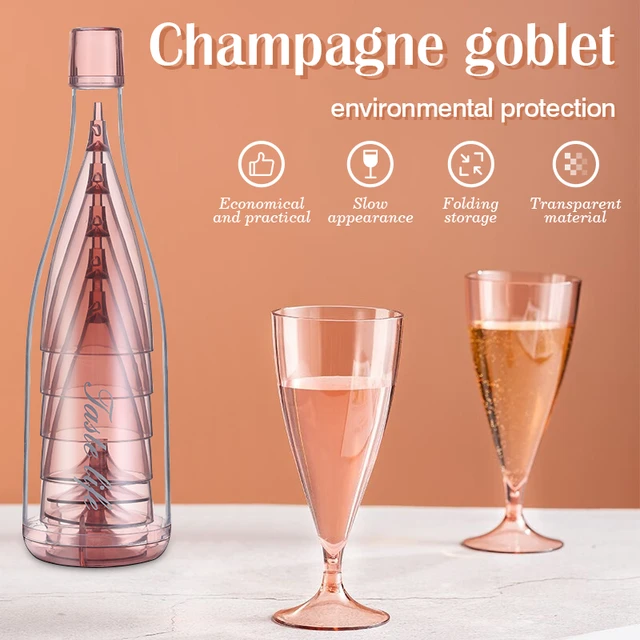 5Pcs Plastic Wine Glasses and Champagne Flutes, Portable and Reusable  Stemware with Storage Bottle for Party,Picnic,Travel