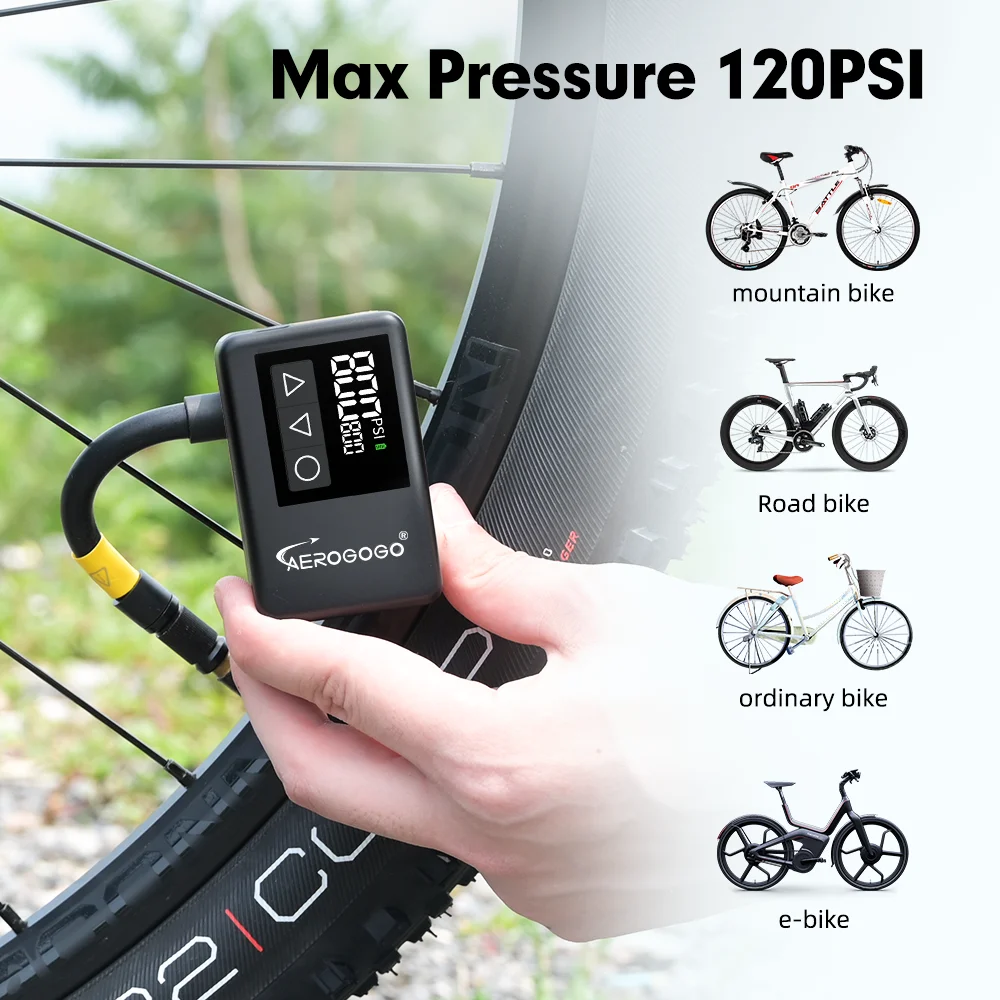 Aerogogo 120PSI Compact Bike Inflator-Electric Pump for Schrader & Presta, Pocket Size,Rechargeable for Road and Mountain Bike