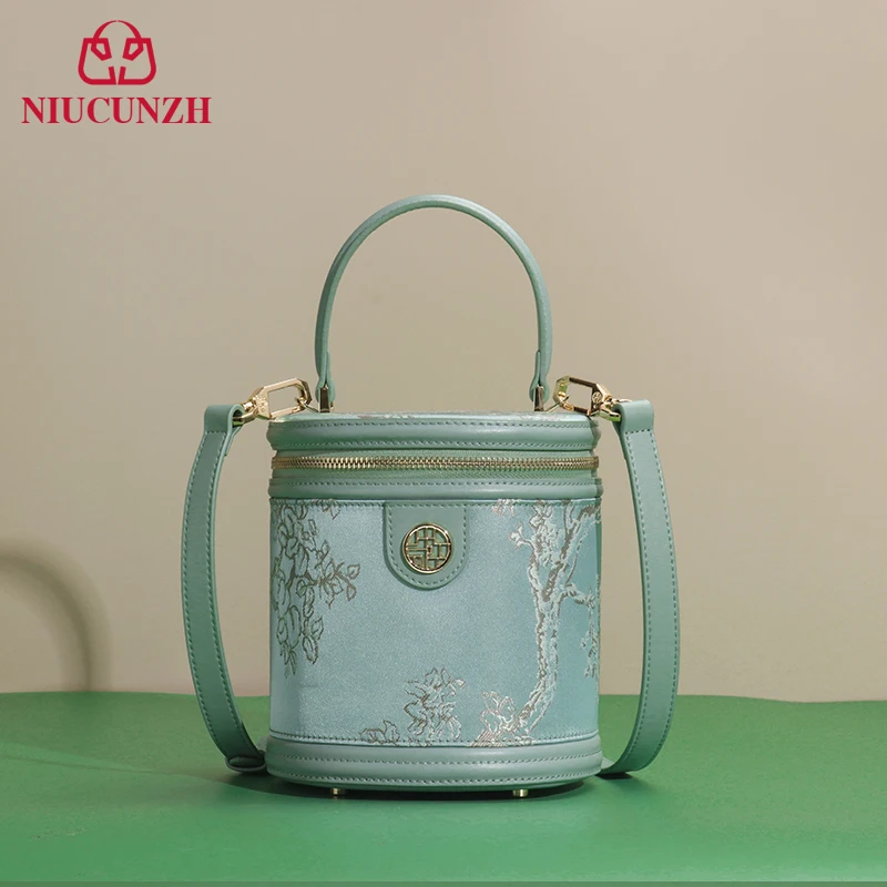 

NIUCUNZH Chinese Style Women Bucket Bag Embroidery Genuine Leather Shoulder Crossbody Bags Ladies Luxury Designer Brand Handbag