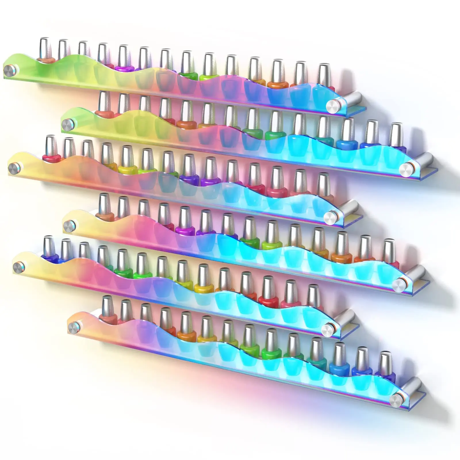 

6-Pack Acrylic Wall Shelves Nail Polish Salon Organizer, Iridescent Cute Modern Stylish Display and Storage Living Spaces