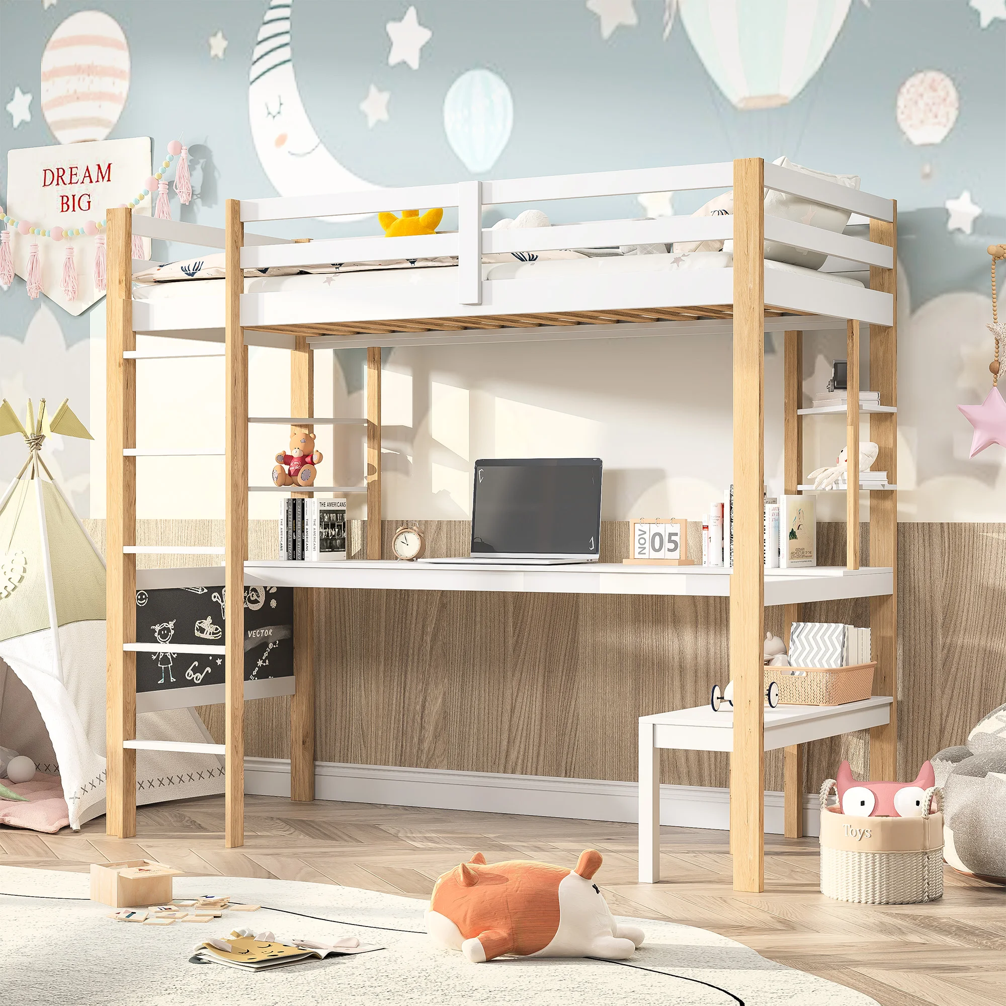 90x200 cm Children's bed loft bed with desk blackboard and shelves with slatted frame and fall protection single bed 1