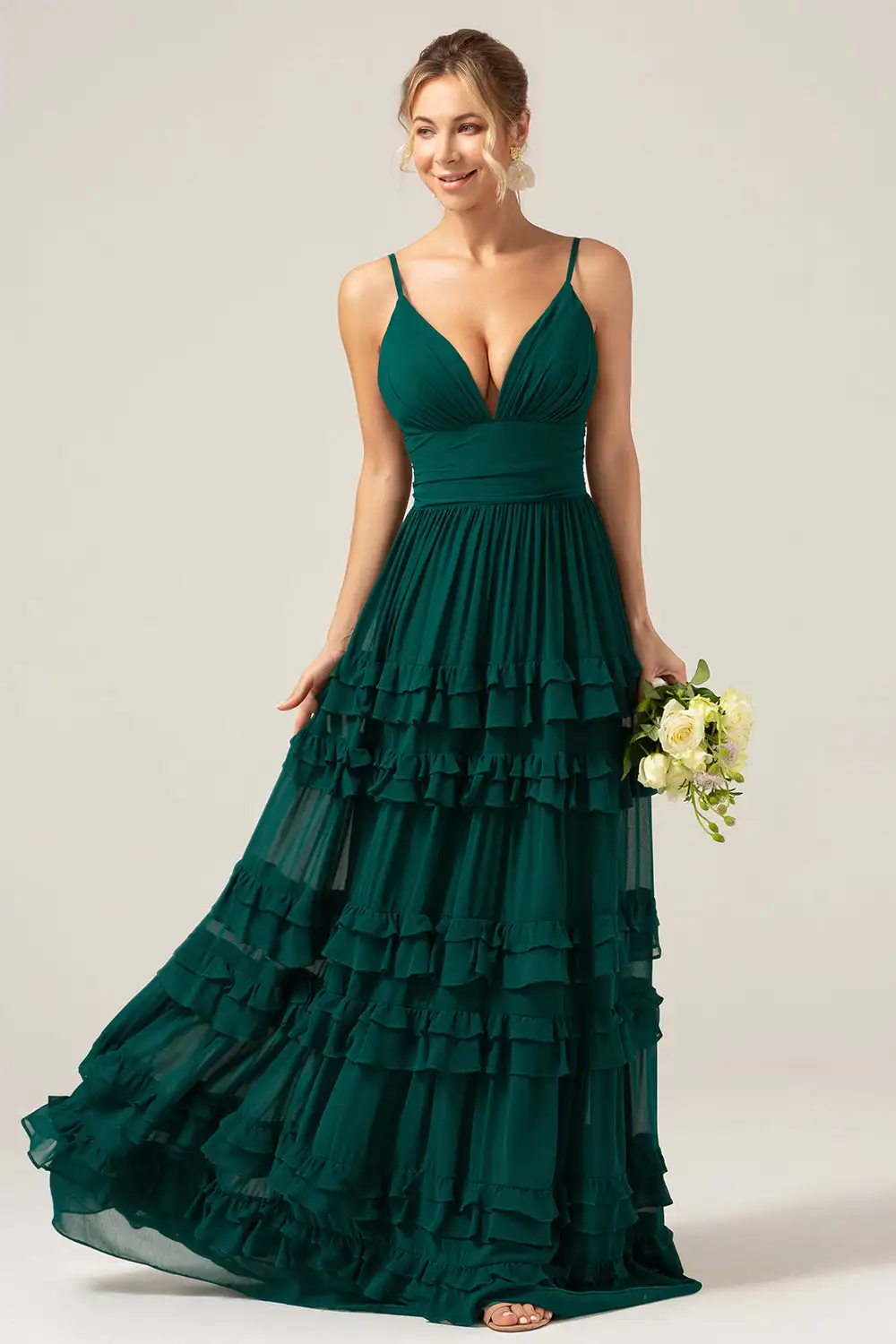 

A-Line Spaghetti Straps Tiered Pleated Long Chiffon Bridesmaid Dress Backless Wedding Cocktail Dresses Floor-length Evening Gown