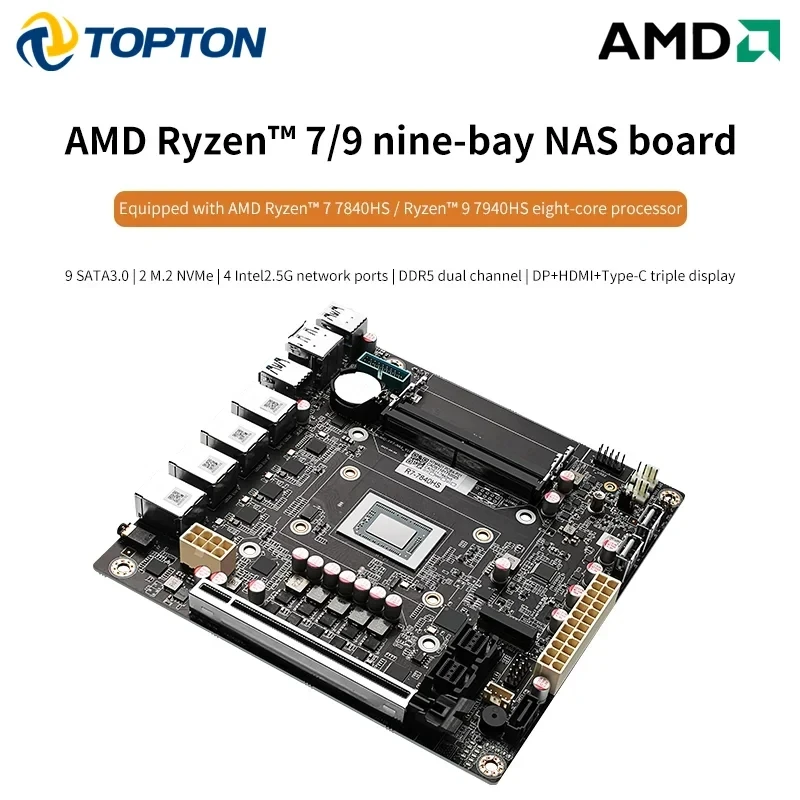 

NAS Motherboard AMD Ryzen 7 7840HS 7940HS 4 Port i226 2.5GbE LAN 9*SATA3.0,2*DDR5,2xM.2 NVMe 17*17 ITX Soft Router VPN Openwrt