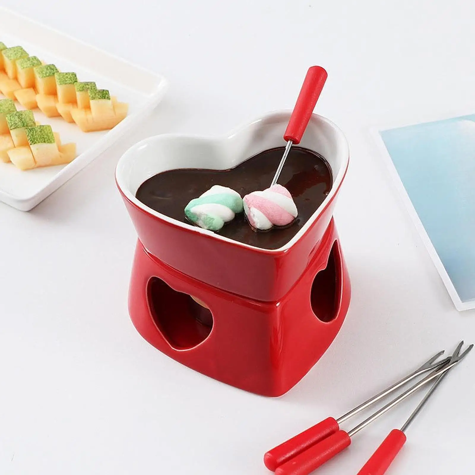 Pottery Fire Boiler Bowl Warmer DIY Crafting Ornament with 4 Forks Butter Mini Fondue Pot for Valentines Day Kitchen Home