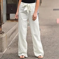 2024 Women Cotton Linen Pants Summer Fashion Elastic Waist Loose Straight Pants Female Casual Solid Color Ankle-length Trousers - Image 4