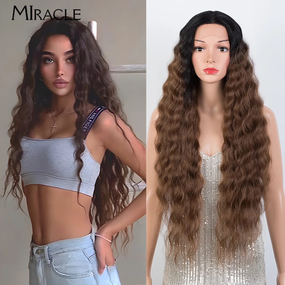 Synthetic Lace Wig 30'' Water Wave Lace Frontal Wig for Women Ombre Red Blonde Cosplay Female Front Wigs MIRACLE