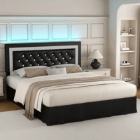 SIBEDS Queen Bed Frame with LED Lights, Adjustable Headboard, Tufted Linen Upholstery, Skirt, Wood Slats, Easy Assembly