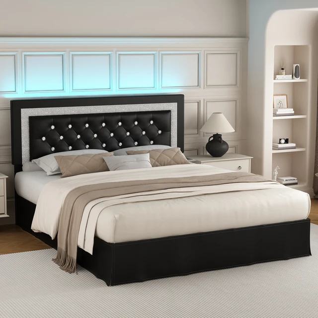 SIBEDS Queen Bed Frame with LED Lights, Adjustable Headboard, Tufted Linen Upholstery, Skirt, Wood Slats, Easy Assembly
