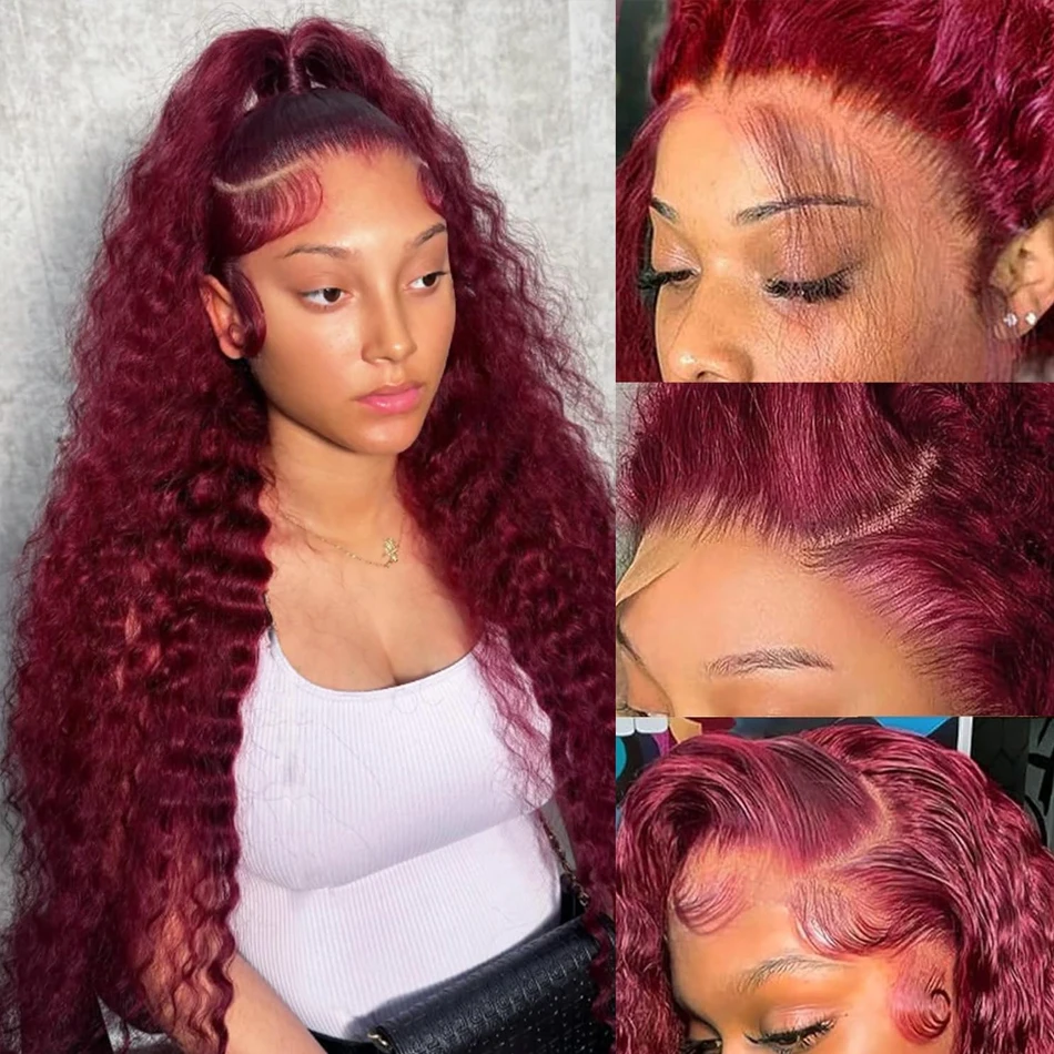 Wholesale Burgundy 30-40 Inch 99J Deep Wave 13x4 Lace Front 13x6 Red Curly Wigs Women High Density Long Length Human Hair Wig 2