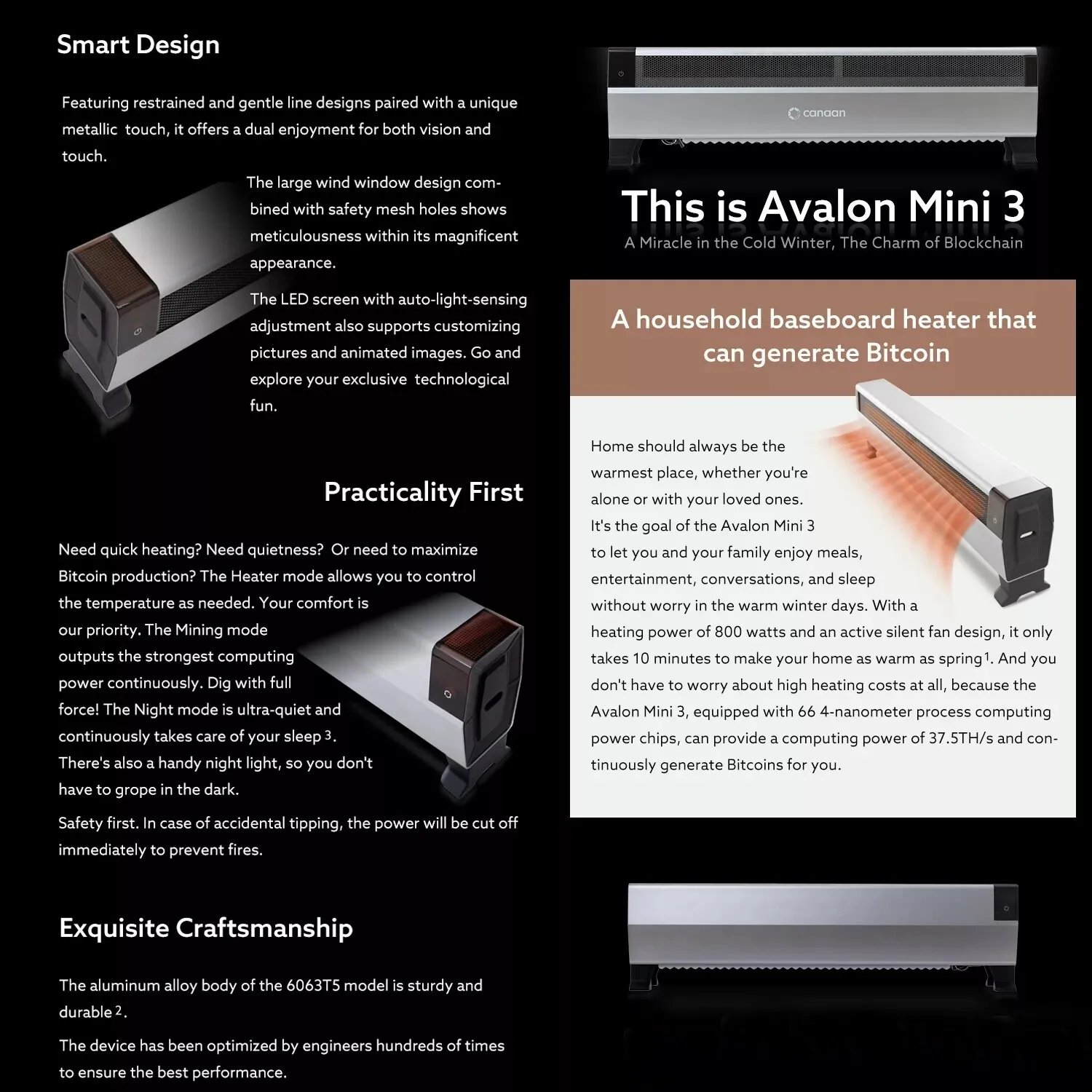 광고 10개 구매 시 6개 무료 제공 Avalon Mini 3 37.5Tis SHA-256 알고리즘 800W용으로 설계된 ASIC  채굴기 재고 있음