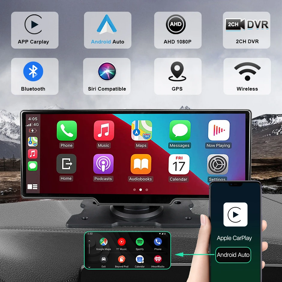 Autoradio avec Apple CarPlay Android Auto sans Fil, 9,3 '' Écran Tactile  1080P Autoradio avec Caméra Frontale 1080P/Transmetteur  FM/DVR/Bluetooth/Carte SD pour Tous Les Types de Voiture 7-32V : :  High-Tech