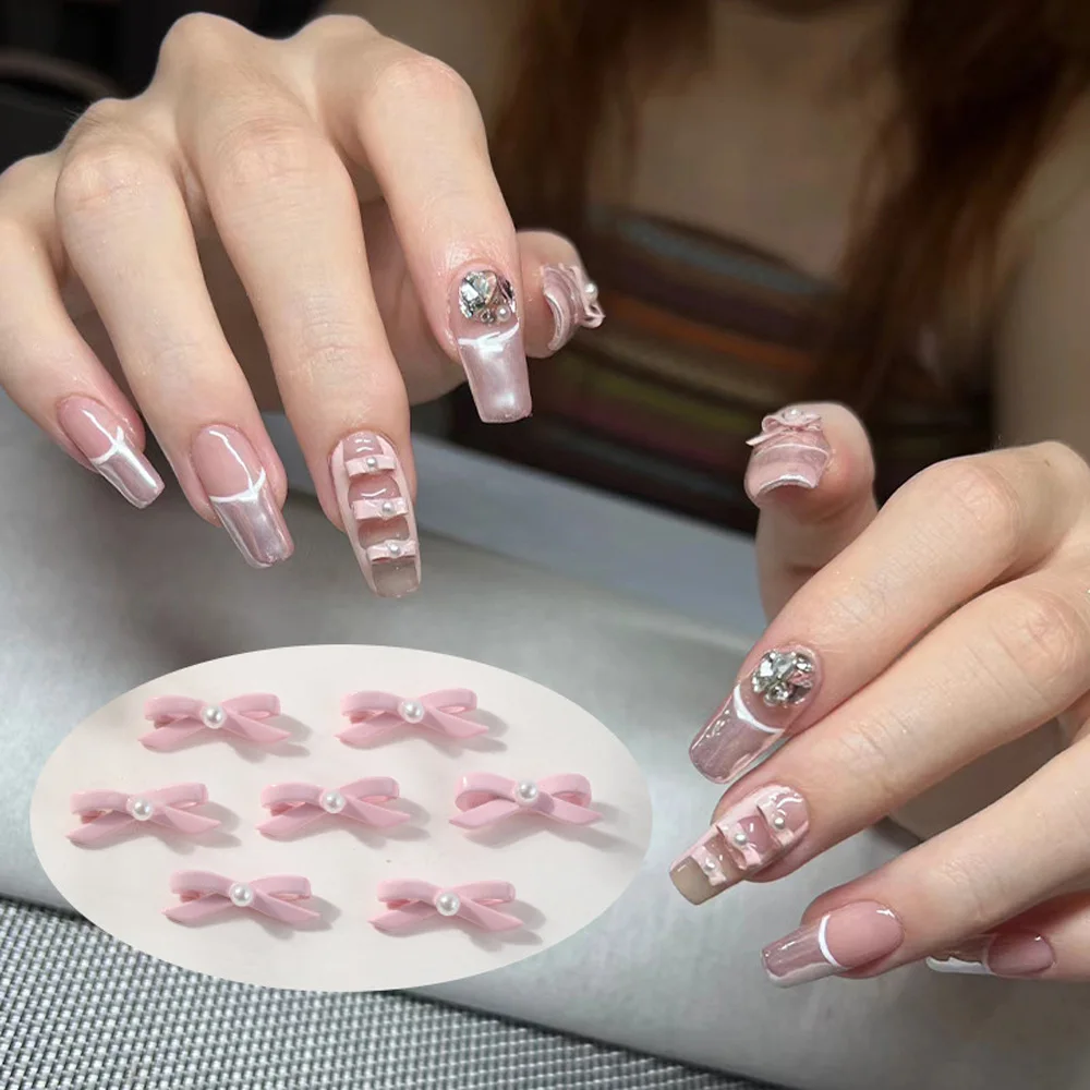 

10pcs Pink White Ballet Bowknot Nail Art Charms 3D Silk Ribbon White Pearl Alloy Nail Art Decoration Kawaii DIY Nail Accessories