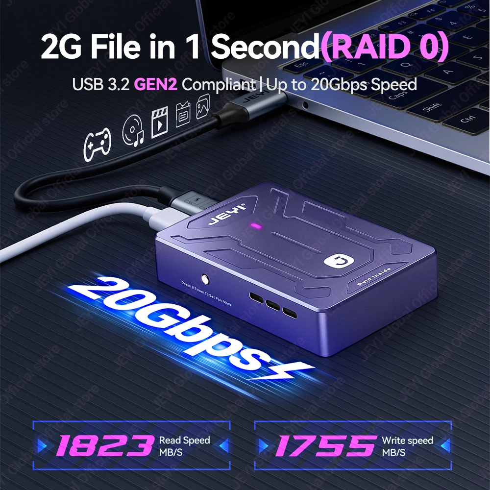 JEYI 2베이 M.2 NVMe RAID 인클로저 USB 4.0+RAID0(20Gbps) /썬더볼트 4/3(10Gbps) 호환 스마트 팬 4 RAID 모드 최대 16TB