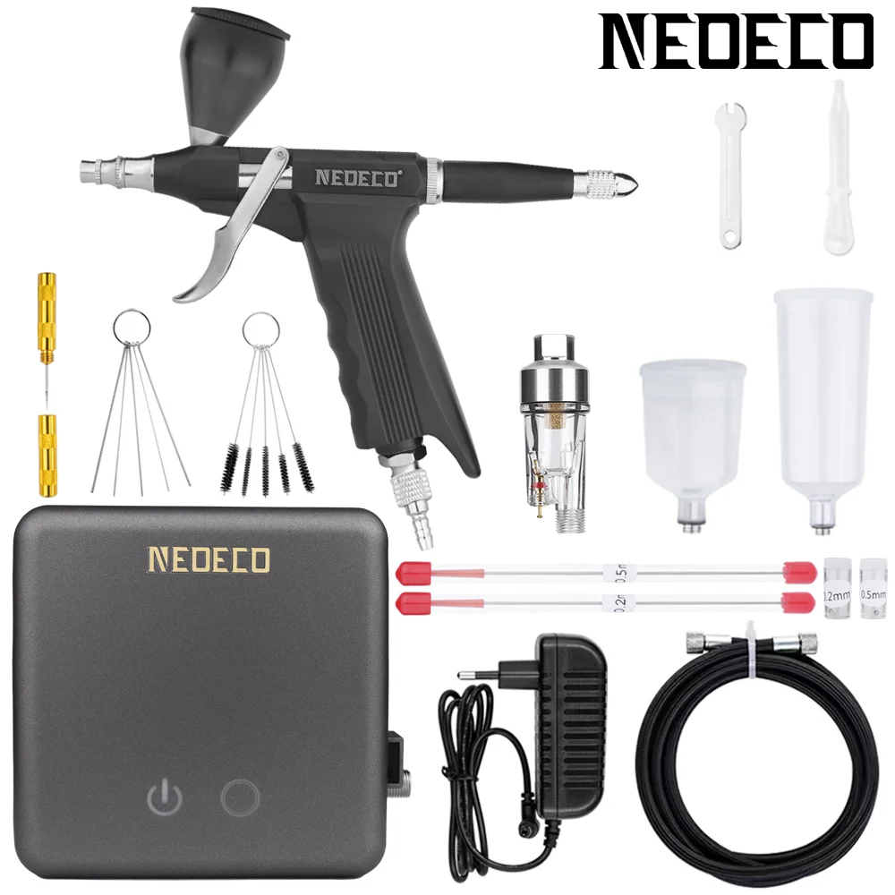 

Trigger Air-Paint Control GunSide Feed Airbrush with Mini Grey Auto Stop Compressor Kit 0.2 0.3 0.5mm for Car/Body Painting Cake