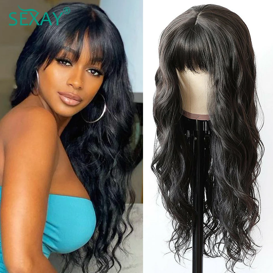 Sexay Natural Fake Scalp Human Hair Wigs With Bangs 30 Inch Long Peruvian Body Wave Fake Fringe Wig 250 Density Scalp Bang Wig