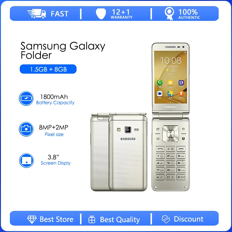 

Samsung Galaxy Folder G1600 2016 Refurbished-Original Dual SIM Quad Core 2GB 16GB ROM 8.0MP 3.8" Android 6.0 Flip Smartphone