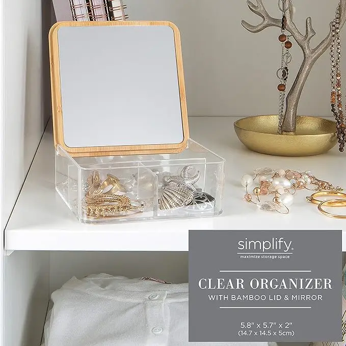 3-compartment organizer with bamboo lid. Includes mirror, clear design. For jewelry or cosmetics. 6