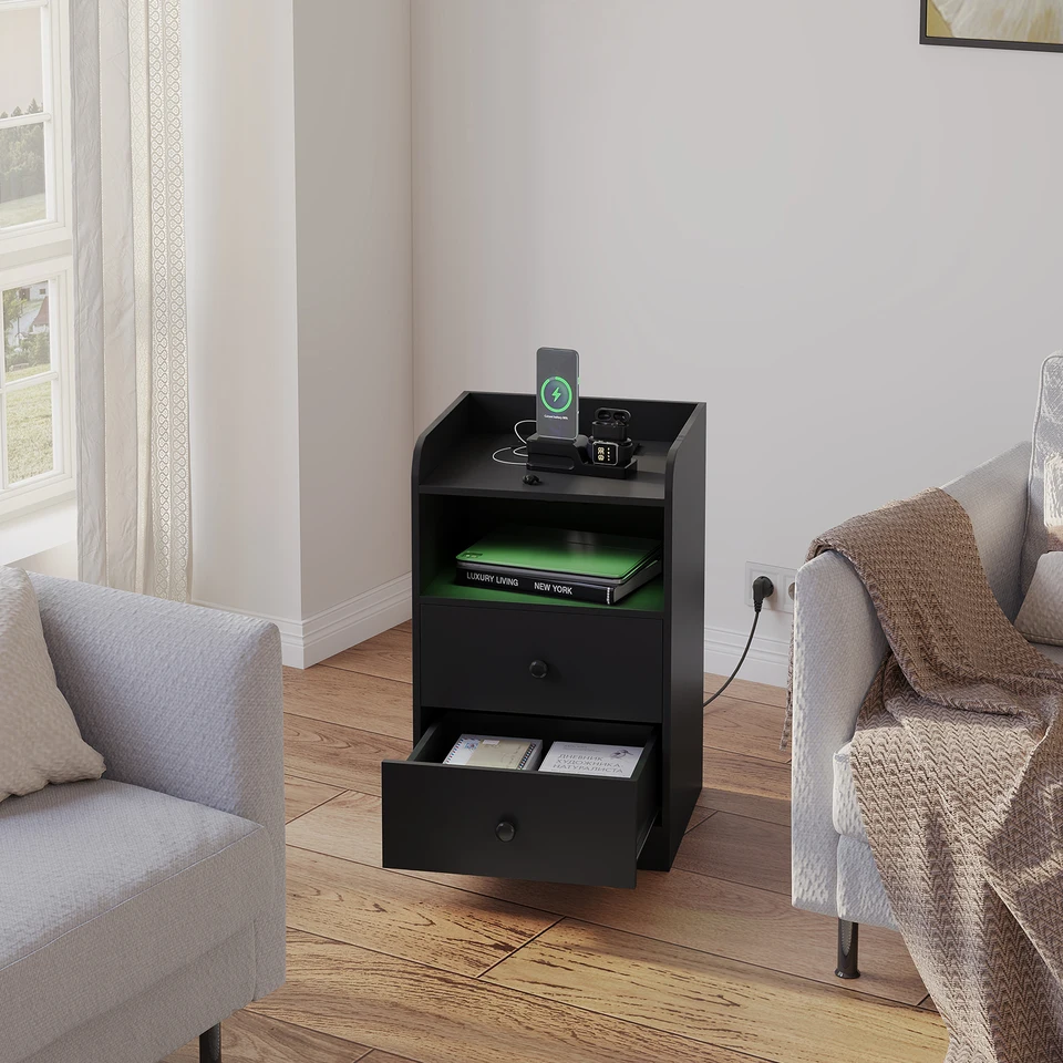 Set di 2, Comodino con LED e Stazione di Ricarica, Comodino con 2 Cassetti e 1 Scomparto Aperto, Tavolino con Luci LED Regolabili,Moderno, Bianco | Leroy Merlin
