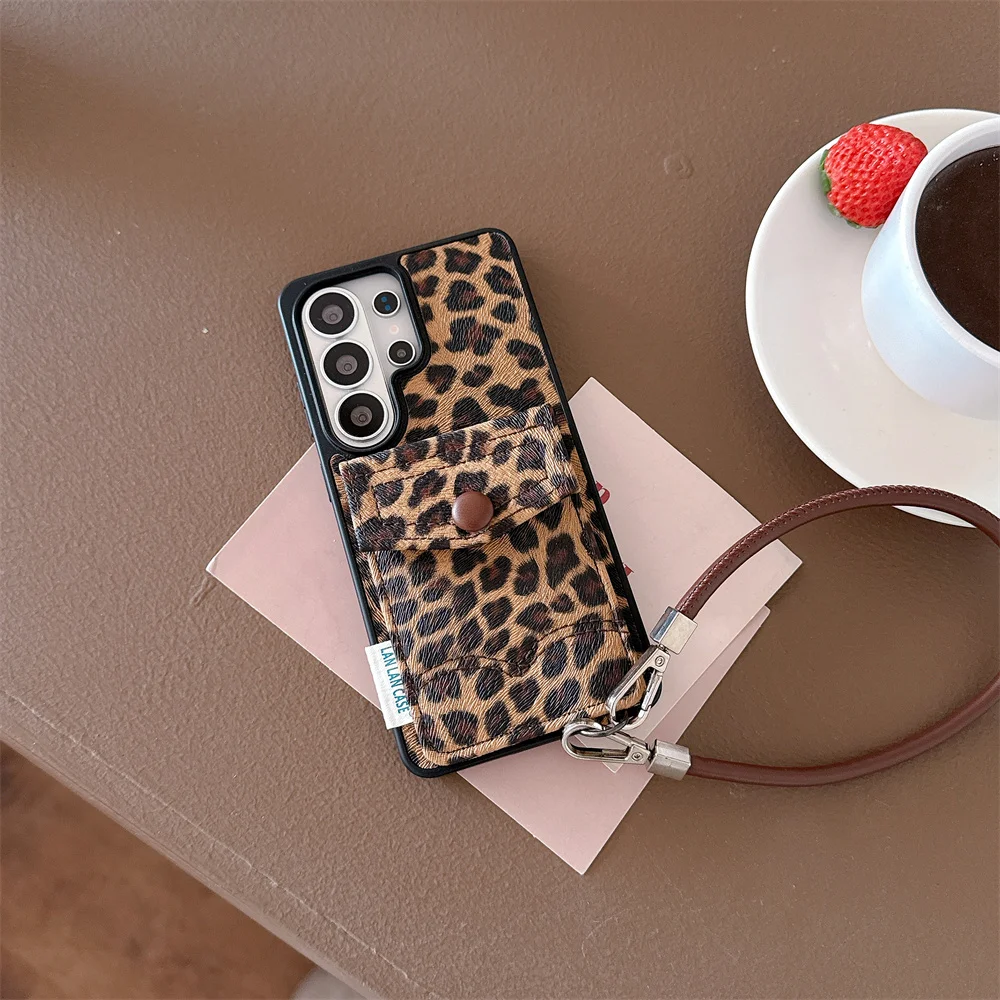 Luxury Leather Leopard Phone Case with Card Holder and Chain Design