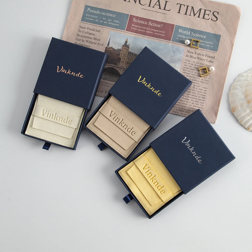 7X7X1.7cm Custom Blue Jewelry Paper Drawer Box With Microfiber Bag Pouch Personalized Logo Chic Small Packaging Cardboard Box