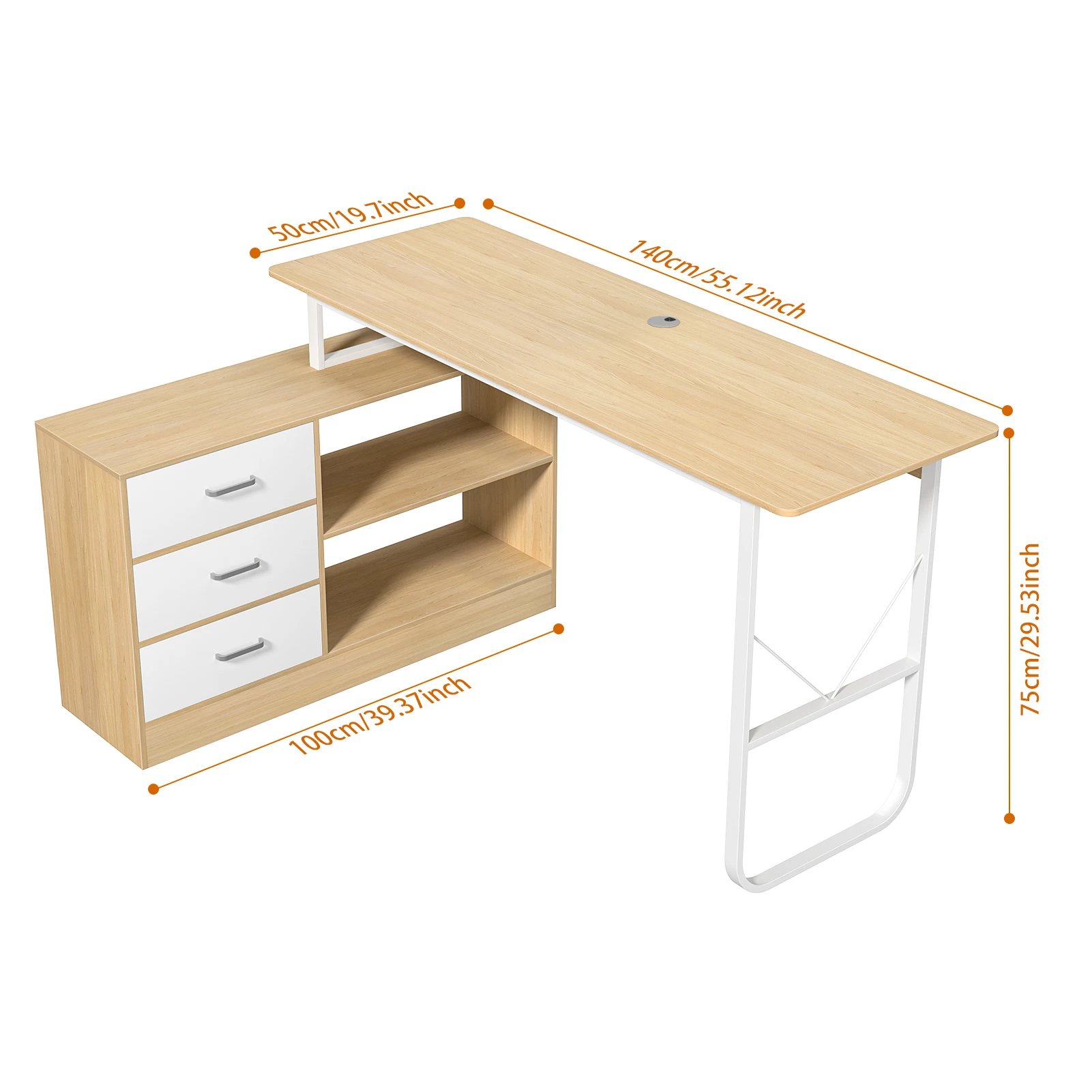 1Pc Writing Desk, Large L-Shaped Workstation Executive Desk with 3 Drawers and 2 Shelves, Corner Computer Desk for Home Office 6