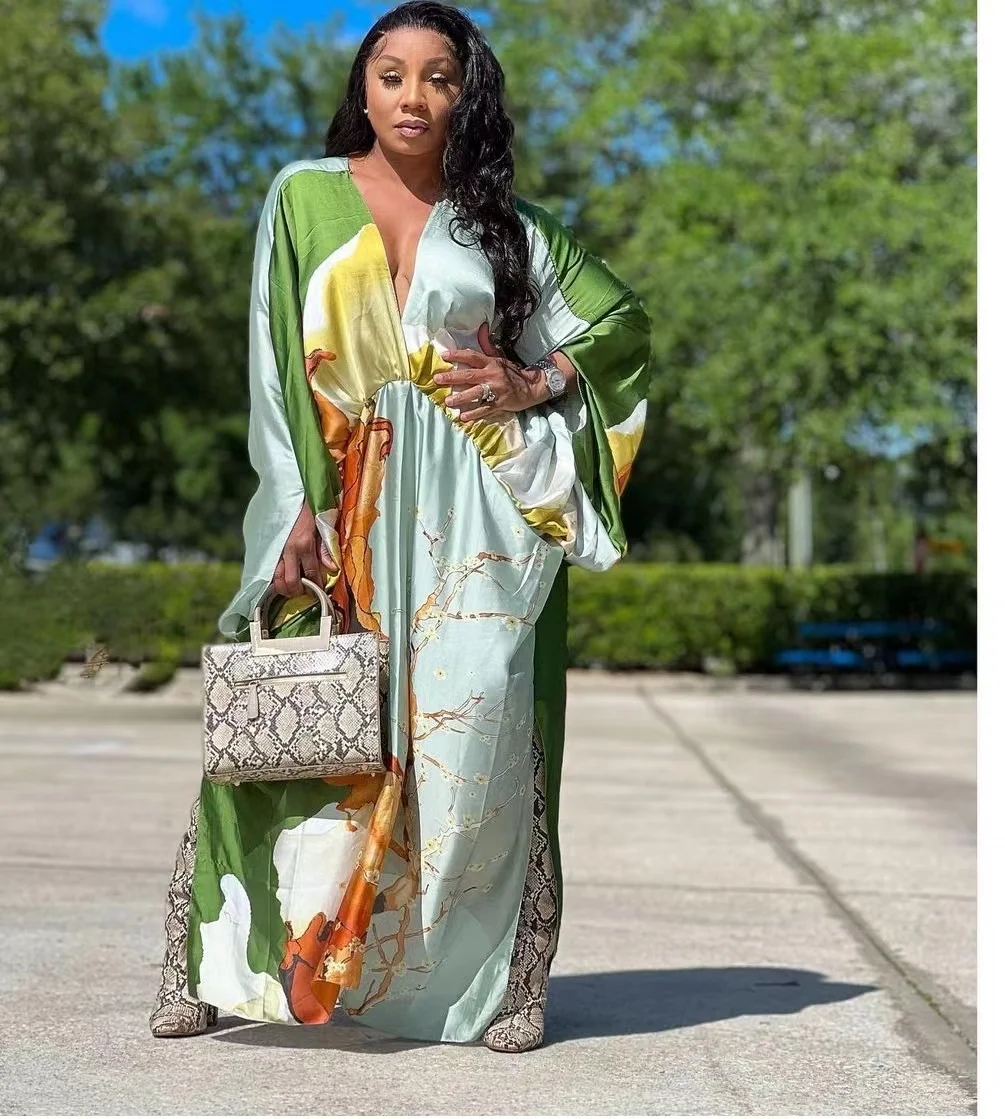 Fashion Blogger 2022 Recommend  V-Neck Printed Maxi  Dress Oversized American Women's Streetwear Kaftan Dress