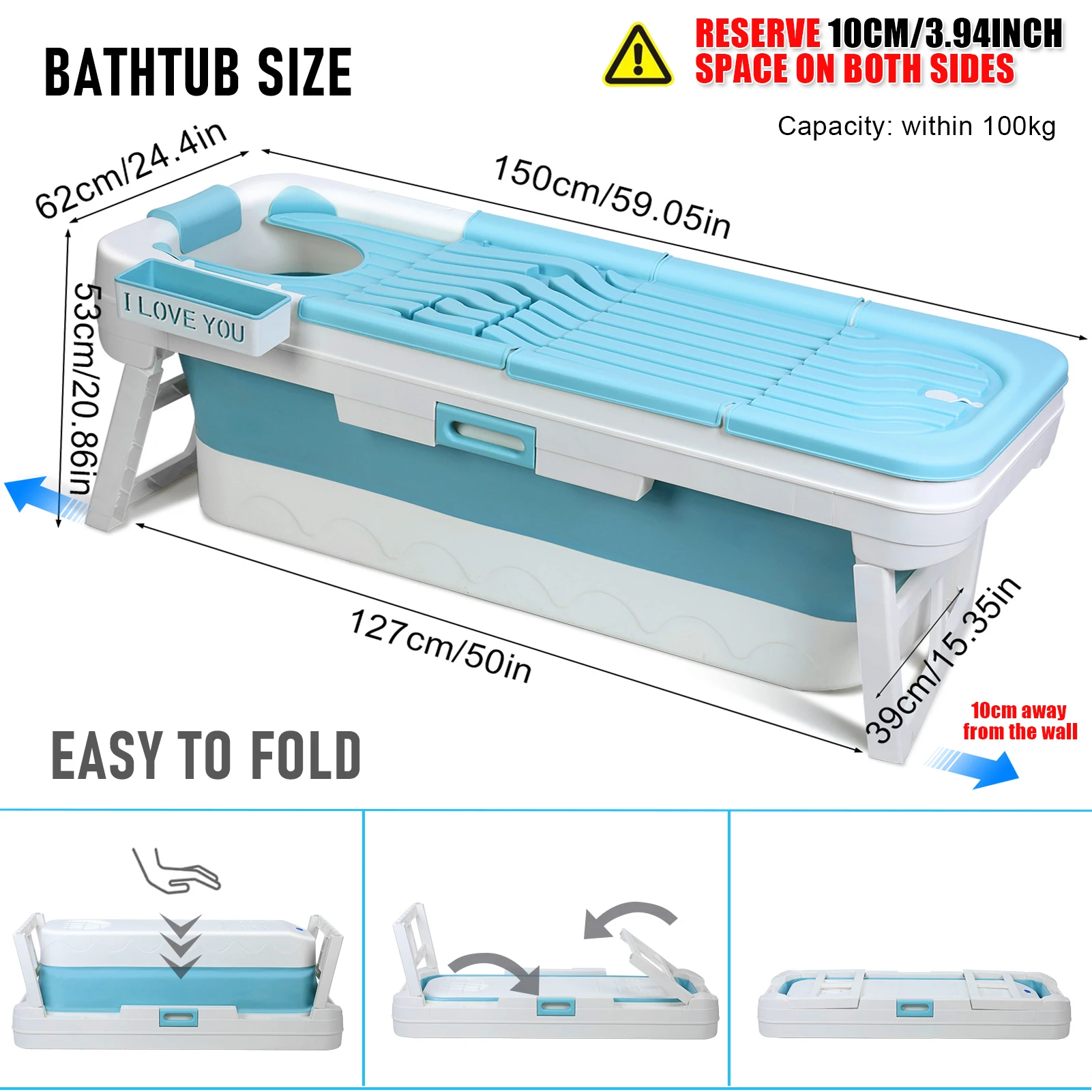 1Pc Home Folding Ice Bath Tub, Freestanding Surround Collapsible Bathtub Flip Over Handle Portable Free Standing Tub for Bedroom