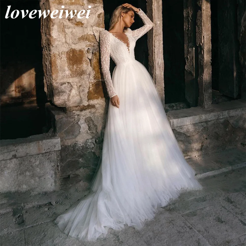 

Sexy Long Sleeve Illusion Back Tulle Beach Wedding Dress Lace Appliques V-Neck A-Line Bridal Gown свадебное платье vestido novia