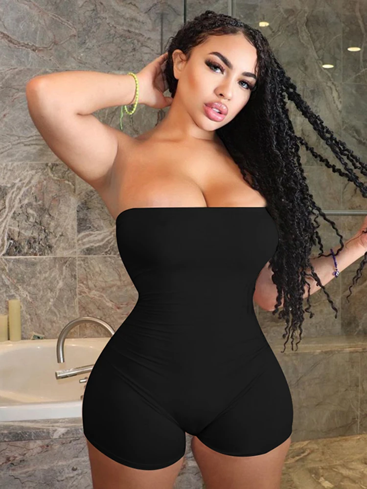 WannaThis Playsuit Woman Strapless Sleeveless Letter Embroidery Rompers Women Casual Stretch Fashion Summer Sexy Slim Bodycon