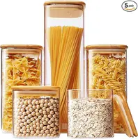 5-Piece Square Glass Canister Set - Bamboo Airtight Lids for Pasta/Cereal/Flour (Multi-Size Pantry Storage) 1