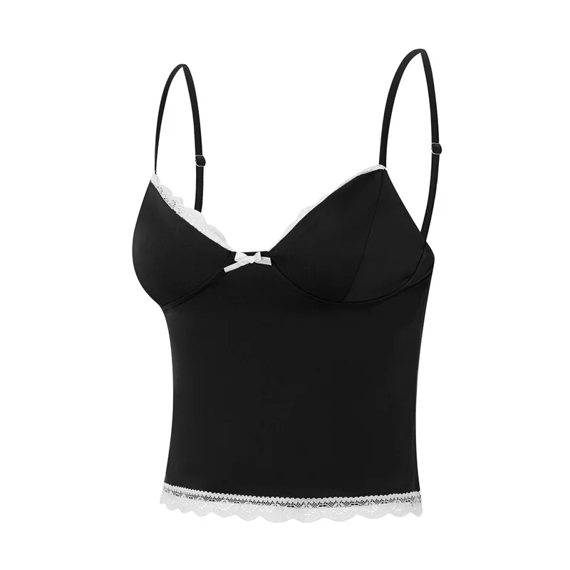 y2k Lace Trim Crop Top Women Summer Sexy V Neck Spaghetti Strap Sleeveless Tanks with Bow 2000s Clothing Streetwear