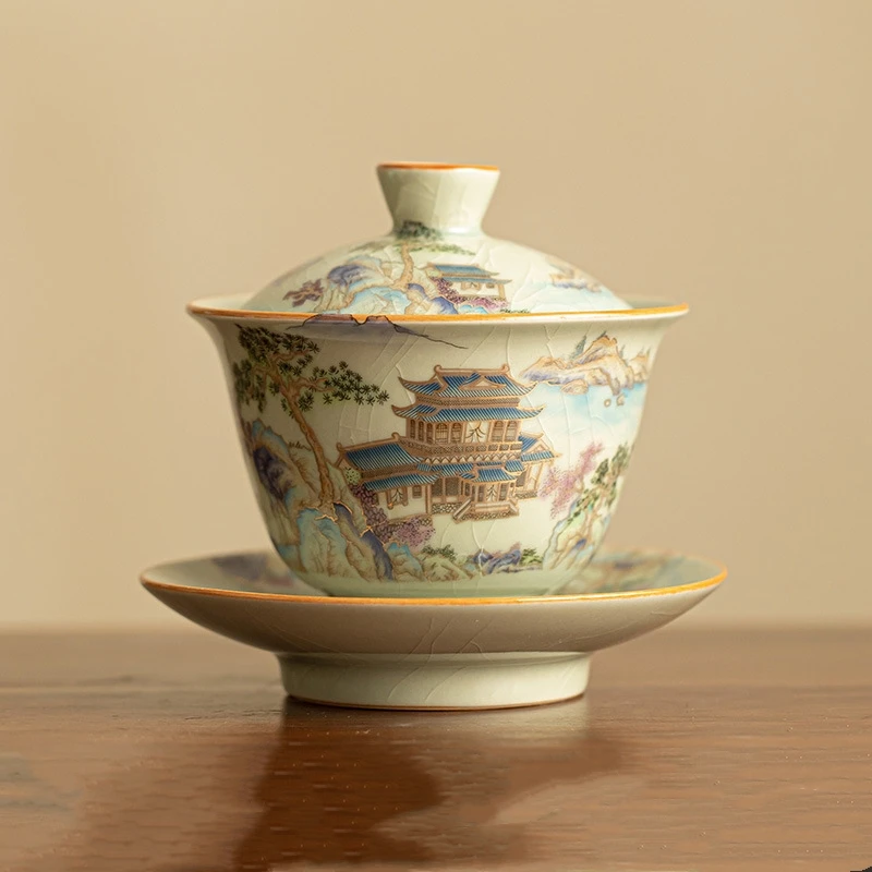 Palace Ru Yao Porcelain Gaiwan Set for Tea Tureen Teaware Cup Chinese Yellow Bowls Chawan Tea Ceremony Set Lily Deng's Store