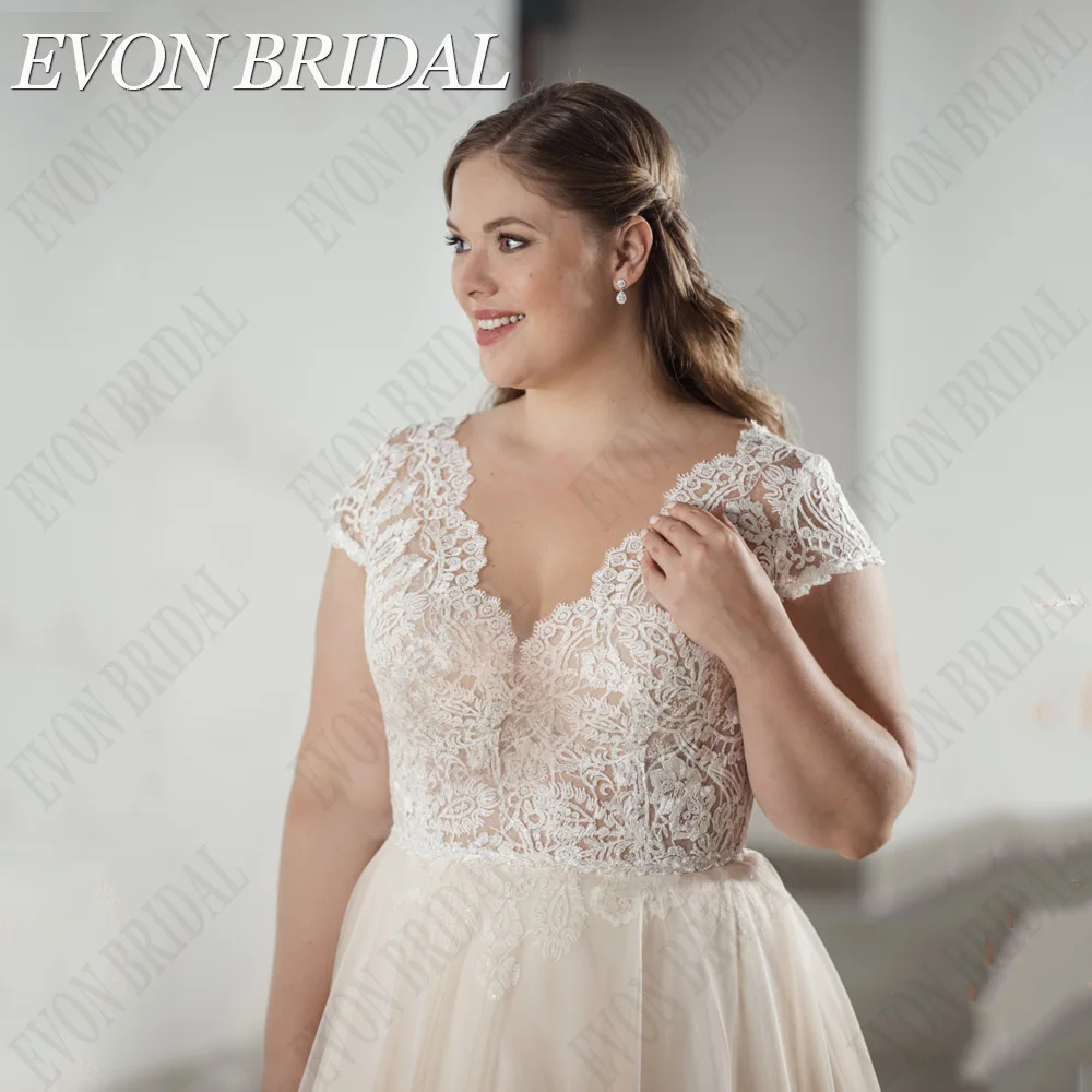 Фото Evon Bridal Шампанское Свадебное изысканное платье EVON цвета шампанского, свадебные платья 2024 с рукавами-крылышками и двойным V-образным вырезом, кружевные свадебные платья, трапециевидные фатиновые свадебные платья №5