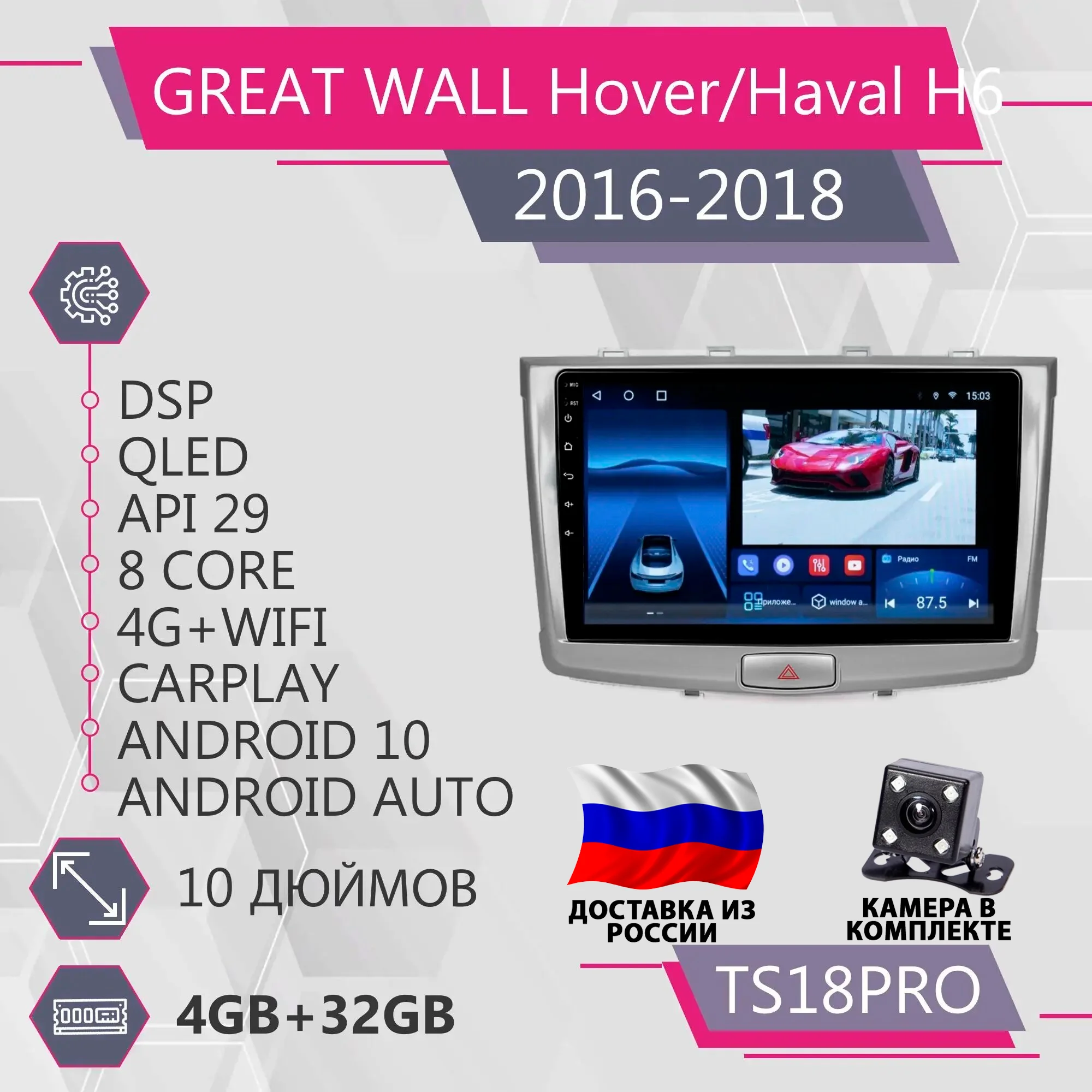 Штатная магнитола TS18Pro 4+32GB GREAT WALL Hover H6/ GREAT WALL Haval H6/ Грейт Вол Ховер Х6/ Хавейл Х6/ carplay 10 мультимедиа