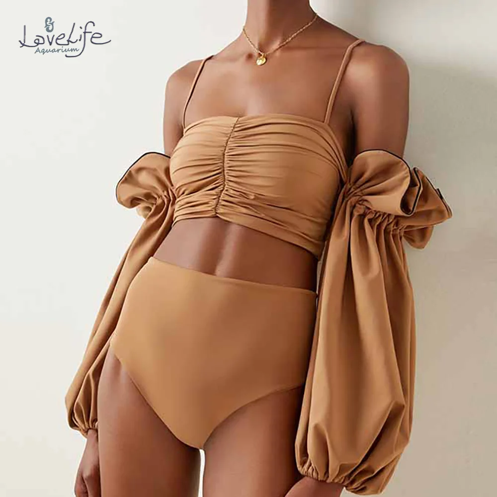 

Solid Color Puff Long Sleeve Swimwear For Girls Triangle Micro Bikinis Sexy Low Waist Swimsuit Women String Bathing Suits