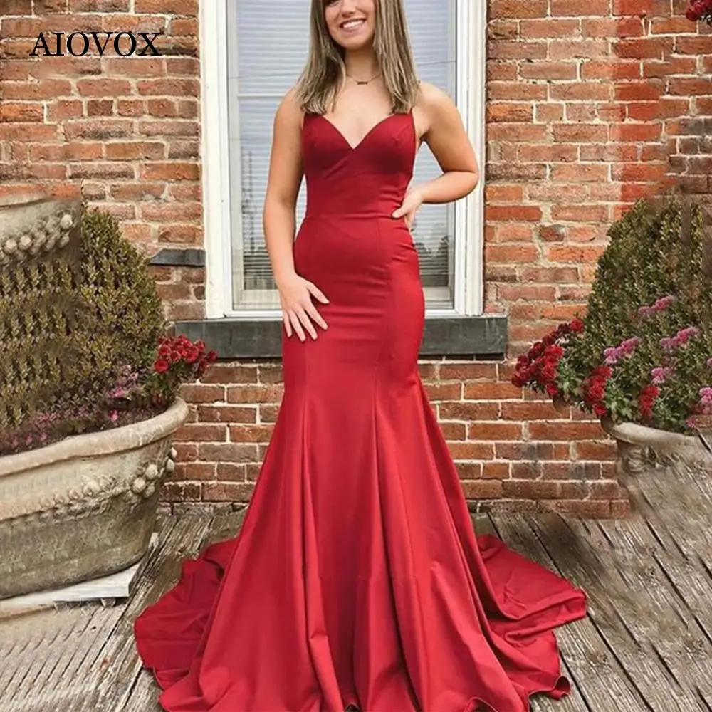 

AIOVOX Elegant Mermaid Red Party Dresses V-Neck Backless Fashion Evening Gown Court Train Lace-Up With Bow Robes De Soirée