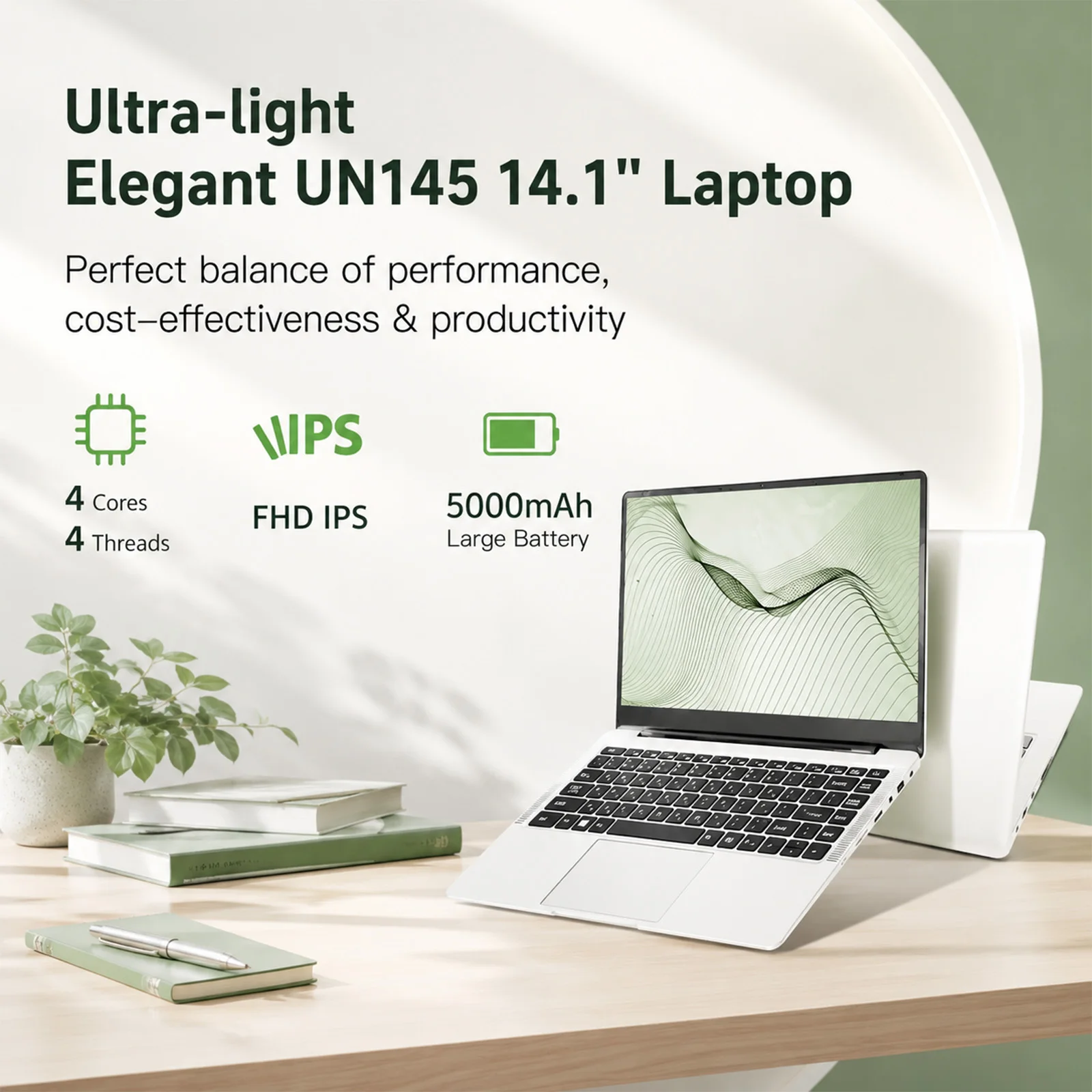 14.1 Inch Laptop Intel N3710 Quad Core 12GB RAM 256GB SSD Windows 10 Notebook Computer FHD 1080P IPS Display Portable Ultrabook 180° Open WiFi Bluetooth Mini HDMI USB 3.0 Grande batterie de 5000 mAh, longue durée de vie Student Office Business Laptop PC - immagine 6