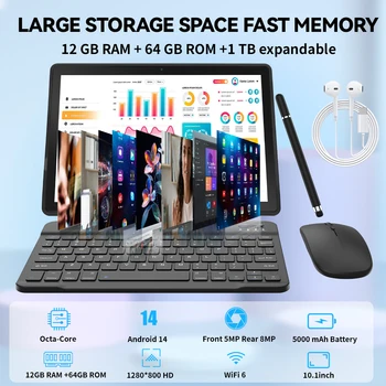 10.1 Inch Android 14 Tablet 12GB RAM 64GB ROM Widevine L1 Compatible IPS HD Screen with Protective Case Stylus Keyboard Mouse 2