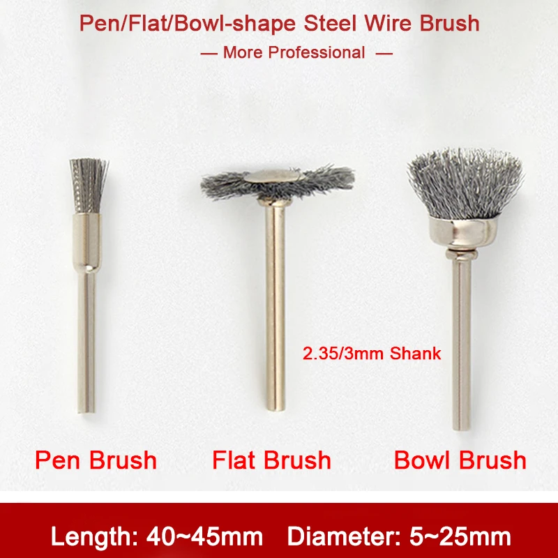 

2Pc 2.35/3mmShank Pen/Flat/Bowl-shape Steel Wire Brush for Grinding Rotary Tool Metal Rust Polishing Clean Burr Removal Buffing
