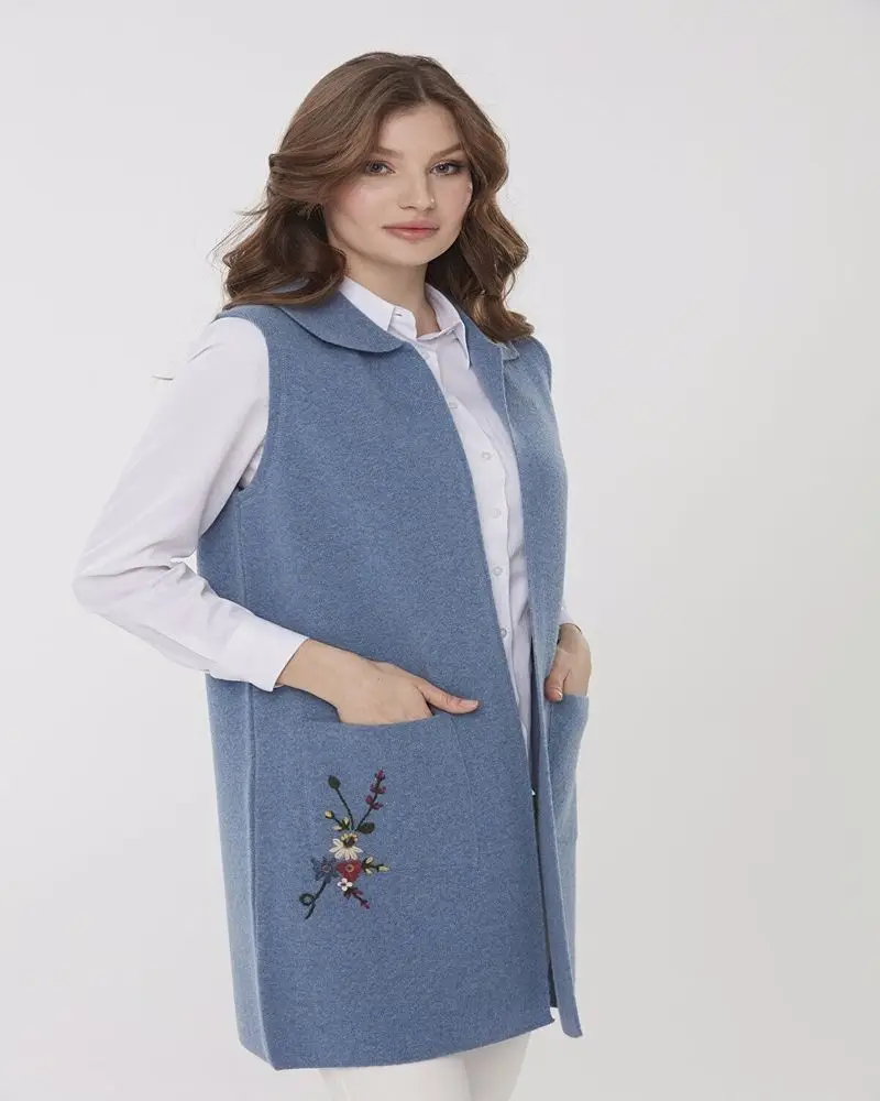 

Knitwear Women Polo Collar Edge And Pocket Watch Flower Embroidered Long Vest Blue❤️Kaban Ceket Wrap Skirt season Seasons Style Fashion Style