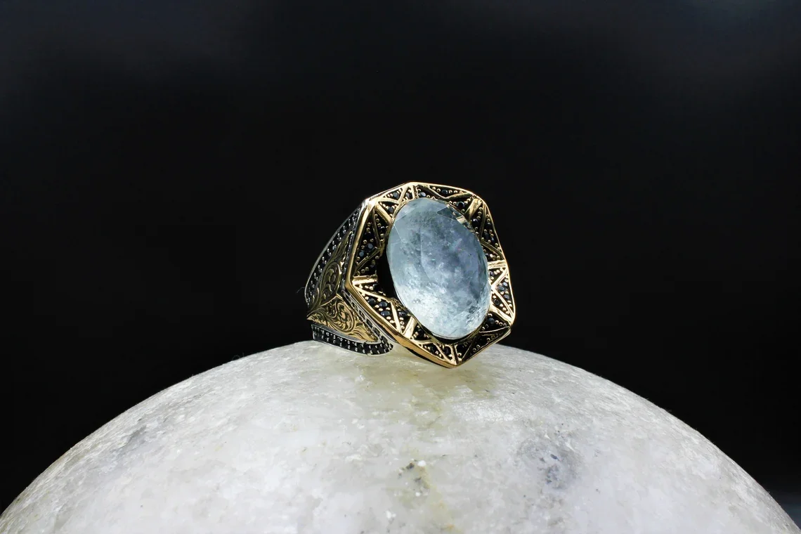 

Sultan Series Premium Quality Turkish Concave Polygonal Oval White Paraiba Tourmaline Stone Vintage Sterling Silver Ring