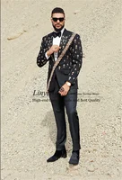 Customized Beaded Men Suits Double Brested Groom Tuxedos 2 Pieces Set Wedding Male Party Blazer Slim terno masculinos completo 1