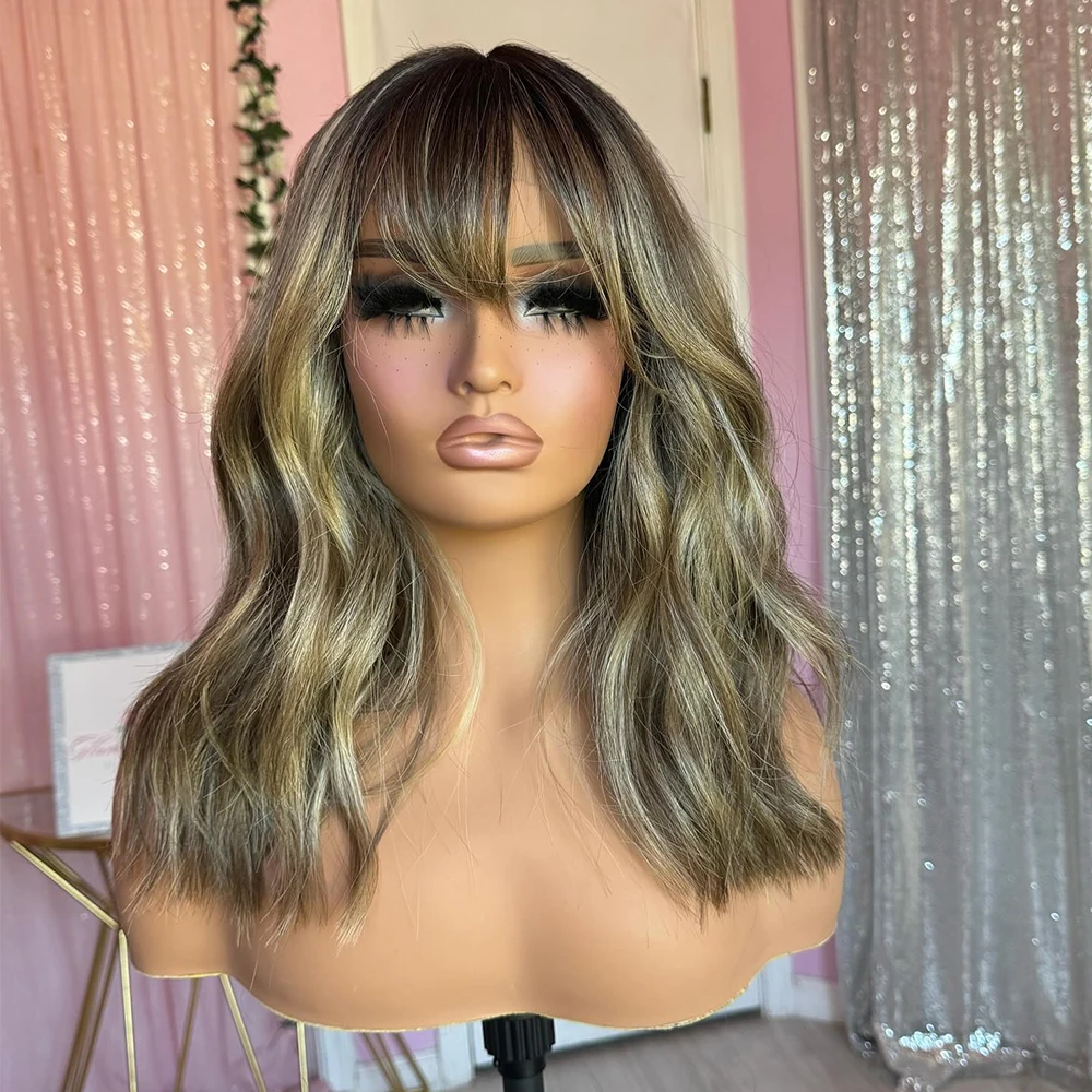 18" Blonde Wig with Full Fringe Bangs Balayage Virgin Human Hair Lace Front Wig 150 Density HD Invisible Lace MultiPart