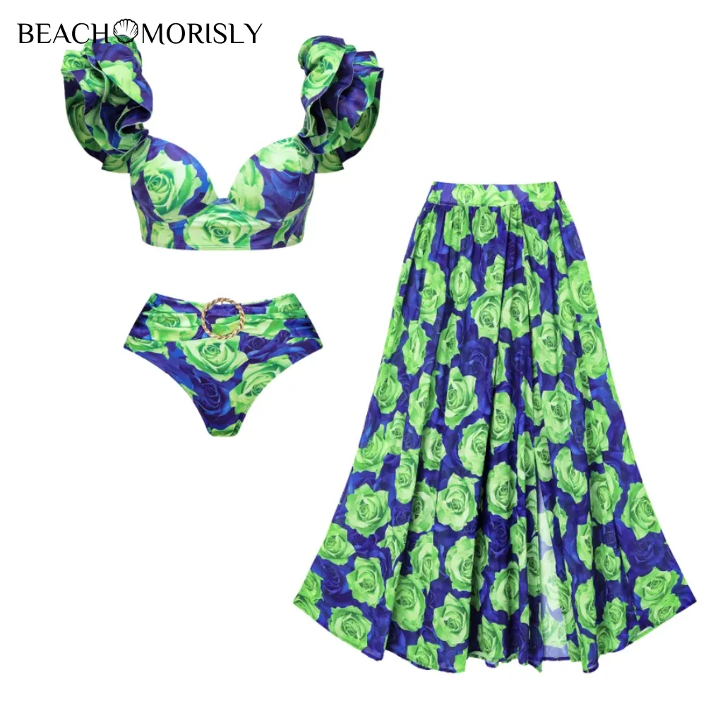 2024 Women's  Swimsuit  with skirt Vintage Rose Print Bikini Set 2 pieces Swimwear  Women Beachwear Luxury Bathing Suit