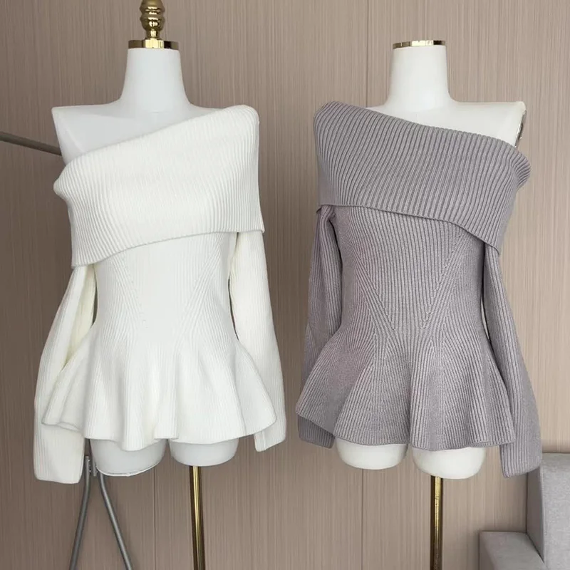 

Элегантные свитера с открытыми плечами и длинным рукавом, пуловер для женщин, шикарный дизайн 2023, Осень-зима, женская уличная одежда, трикотажный топ