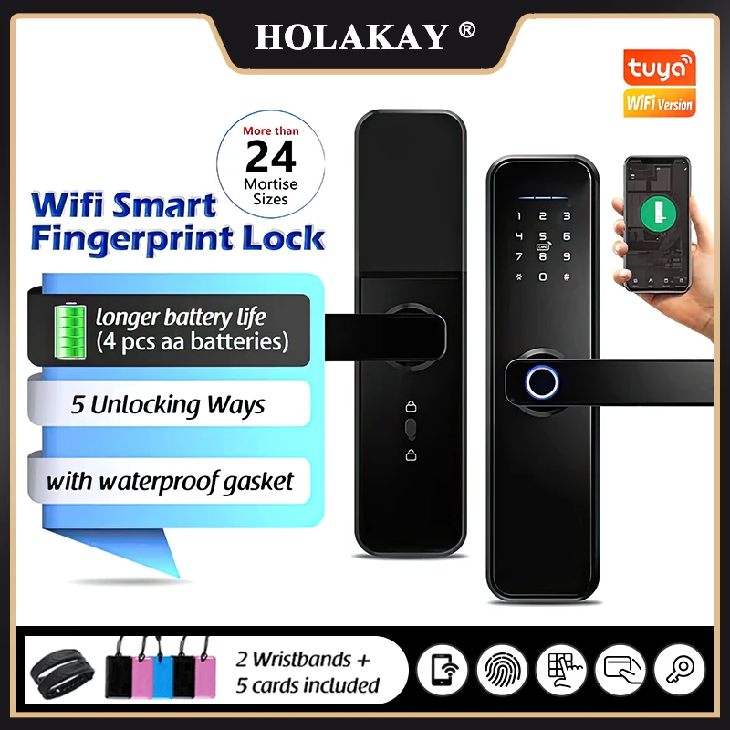 

Holakay WiFi Eletronic Lock for Tuya X5 Security Smart door Lock with Biometric Fingerprint/Smart Card/Password/Key/App unlock