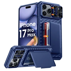 Sleek Black Phone Case with Card Holder, Sliding Camera Cover, and Stand - iPhone 17 Pro (Blue)